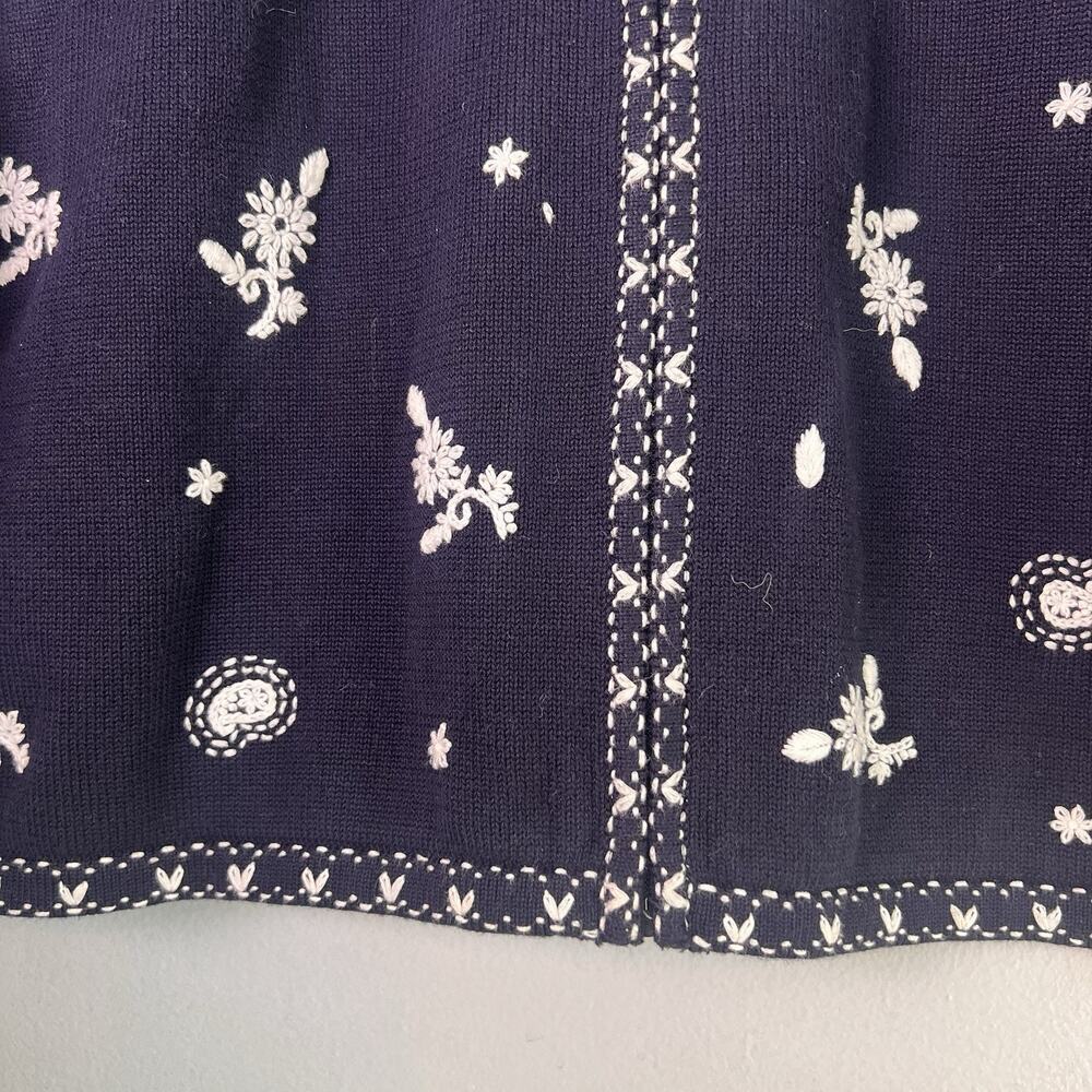 Vintage Talbots Women Cotton Knit Embroidered Full Zip Sweater Floral Sz L Black - Picture 4 of 9